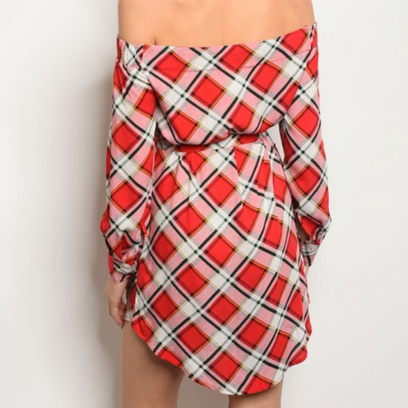 PLAID OFF SHOULDER TUNIC DRESS - Picture 3 of 5